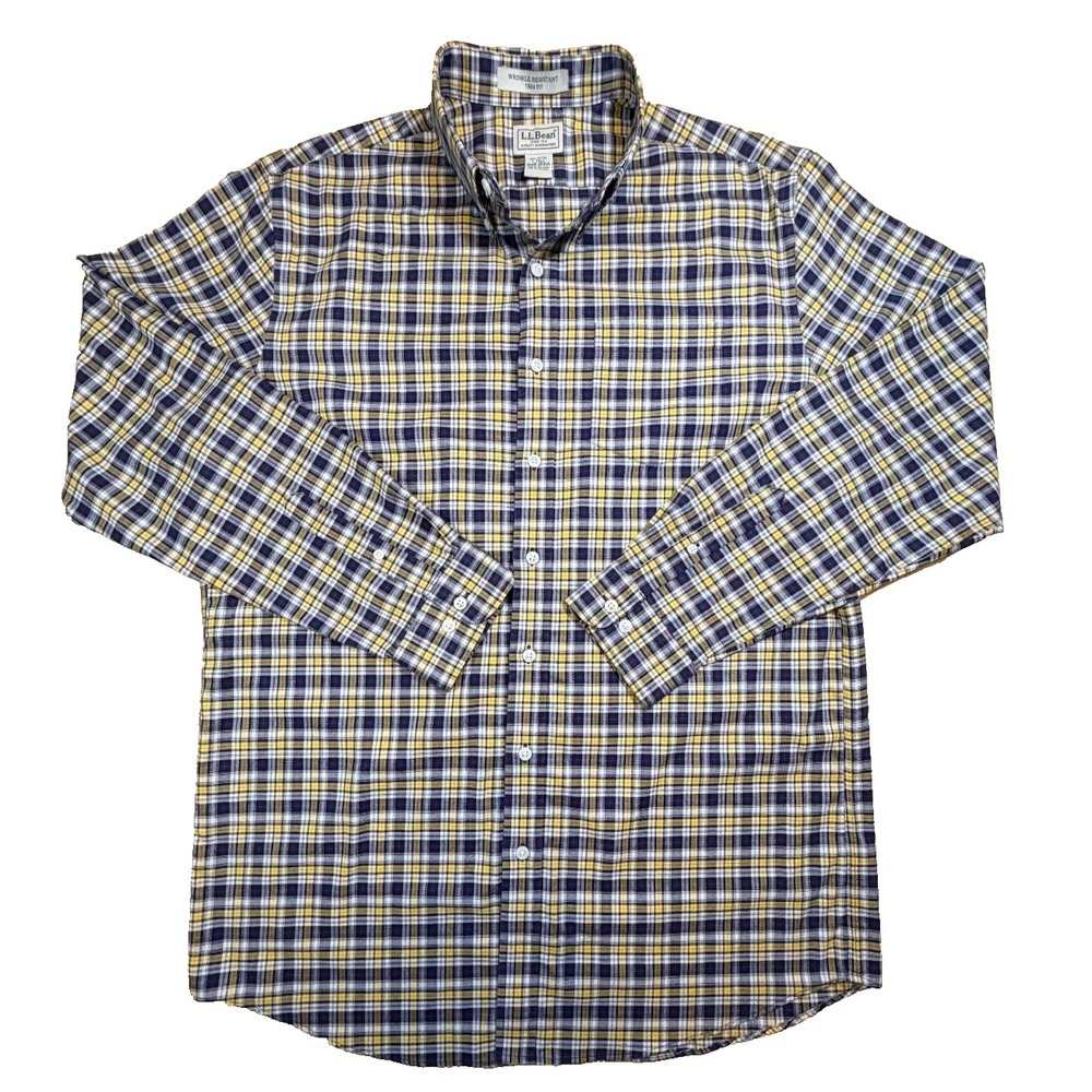 LL Bean L Tall Wrinkle Resistant Plaid Shirt Blue Yellow Trim Fit Button Down